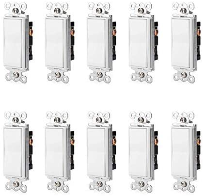 [10 Pack] Decorator Paddle Rocker Light Switch, Single Pole, 3 Wire, Grounding Screw, Residential Grade, 15A 120V/277V, UL Listed, White