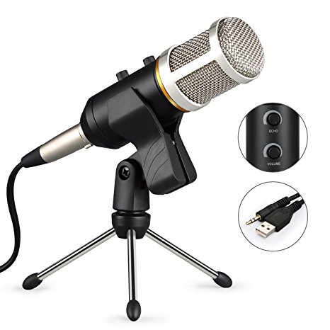 USB Microphone Studio Mic Condenser Microphones With Tripod Stand WOQI Plug and Play Home Recording Voice Studio Microphones for Computer PC Laptop (Silver)