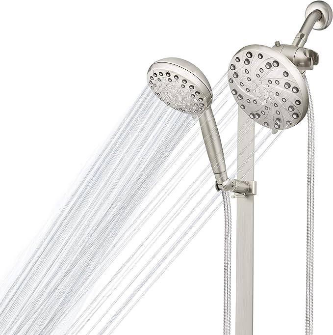 Waterpik Slide Rail Adjustable Height Dual Shower Head in Brushed Nickel with PowerPulse Therapeutic Massage Spray Works Great With Shower Chairs, SRYCN-639E-YCN-969ME