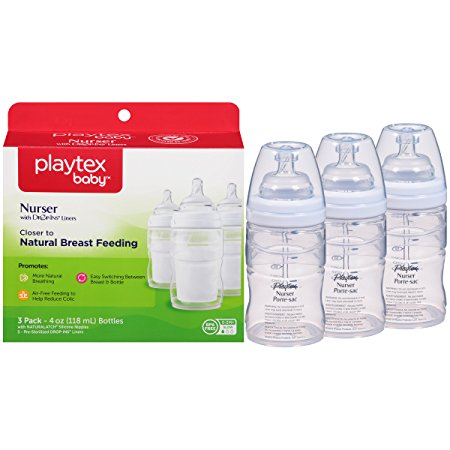 Playtex Baby Nurser Baby Bottle with Drop-Ins Disposable Liners, Closer to Breastfeeding, 4 Ounce - 3 Pack