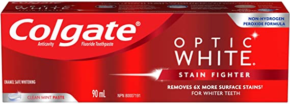 Colgate Optic White Stain Fighter Teeth Whitening Toothpaste, Clean Mint Paste – 90 mL