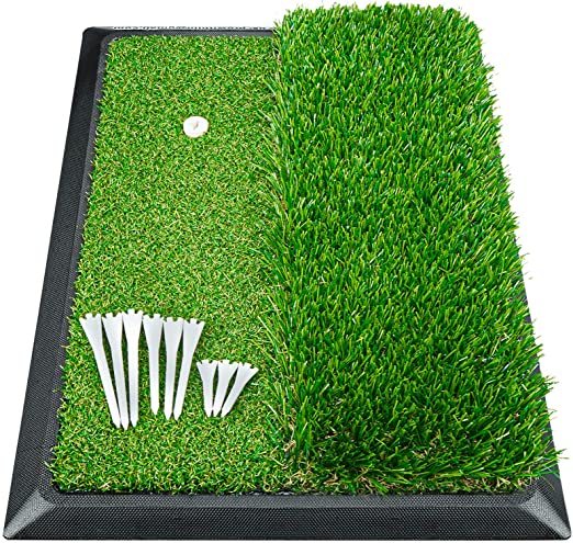 Golf Mat, Indoor Golf Hitting Mat - Heavy Duty Rubber Base Golf Putting Green, Mini Golf Practice Training Aid with 9 Golf Tees, Dual Premium Turfs, Golf Accessories Golf Gift for Men