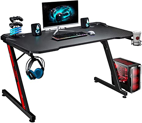 Greesum 44 Inch Z Shaped Computer Gaming Desk, Home Office Table with Carbon Fiber Surface Cup Holder & Headphone Hook, Black