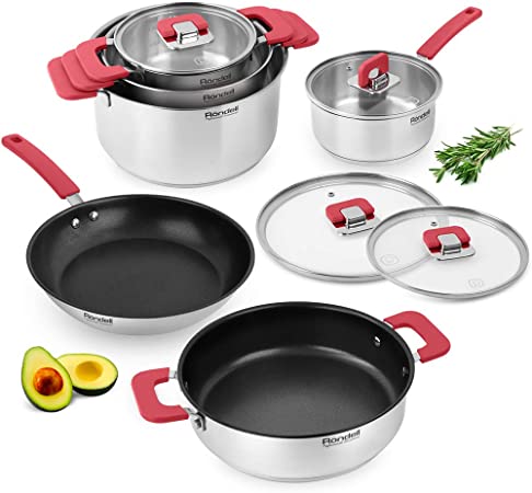 Rondell Savvy Stainless Steel Induction Cookware Set 10 pcs - Kitchen Non Stick Cooking Casseroles with Lids, Frypan, Saucepan, Sautepan - Impact-Bonded Technology - Dishwasher safe