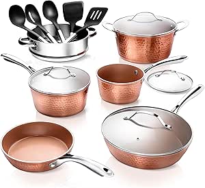 GOTHAM STEEL Hammered 15 Pc Copper Pots and Pans Set Non Stick, Kitchen Cookware Sets, Pot and Pan Set, Ceramic Cookware Set, Non Toxic Cookware Set, Non Stick Pots and Pan Set, Dishwasher Safe