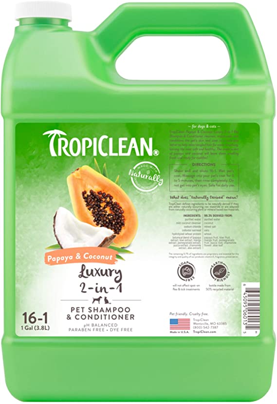 COSMOS 060135 TropiClean Papaya and Coconut 2-in-1 Pet Shampoo, 1 Gallon
