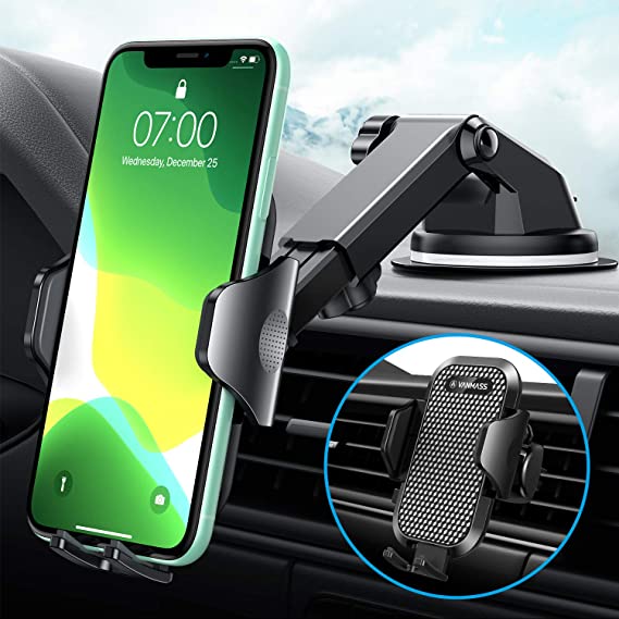 [2020 Upgraded] VANMASS Car Phone Holder 3 in 1 [Fingerprint Clamps] Phone Holder for Car Dashboard Windscreen Vent, Car Phone Mount Compatible with All iPhone 11 Pro Max SE XS Galaxy S20  A71 Note 10