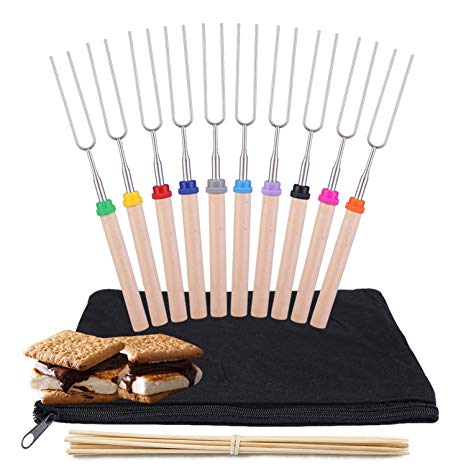 kubo Telescoping Marshmallow Roasting Sticks Set of 10 Hot Dog Forks&Smores Skewers Camping Cookware 32 Inch Campfire Roasting Sticks for Kids