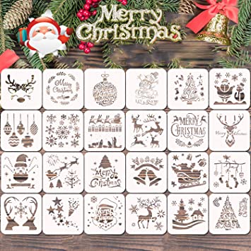 24 Pcs Christmas Painting Stencils Craft - Reusable Plastic Template for Art Drawing, Wood, Window, Glass Door, Car Body, Greeting Cards, Albums,Scrapbook, Notebook, Journal, Wall, Face Cookie Decor