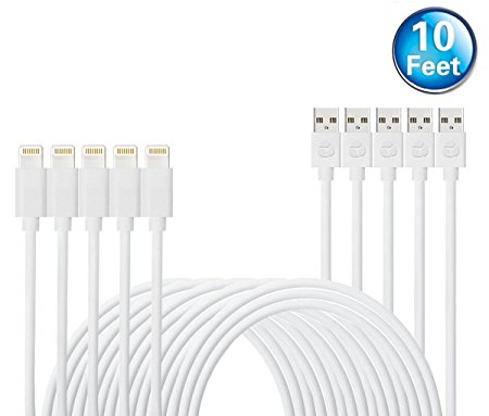 Nekmit 5 Pack 10 Feet Lightning to USB Cable Extra Long Charger for iPhone iPad iPod