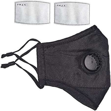 1 Pc Washable Reusable Black Cotton Face Protection with 2 Pack Activated Carbon Filter Unisex Breathing Valve Mouth Protection from Pollen, Dust,Pet Dander