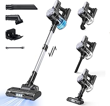 EICOBOT Cordless Vacuum Cleaner,20000Pa High Efficiency Stick Vacuum,6 in 1 Lightweight Quiet Vacuum Cleaner with 35min Long Runtime,Detachable Battery, for Hardwood Floor Pet Hair,Car,Silver