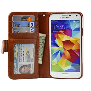 Navor Samsung Galaxy S5 / SV Book Style Folio Wallet PU Leather Case with Four Card Pockets and Money Slot (Brown / Coffee)