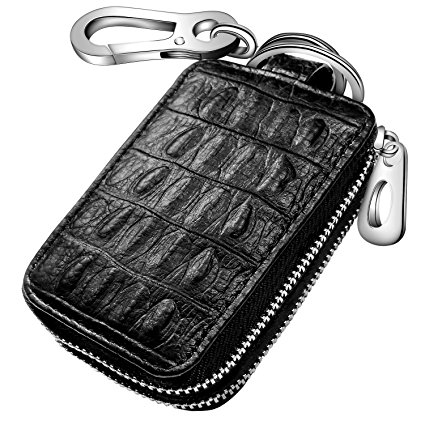 Idakey Genuine Leather Car key Chain Bag Wallet 2 Zipper Car key Chain Case Holder with Smart KeyChain Coin and Key Ring Black