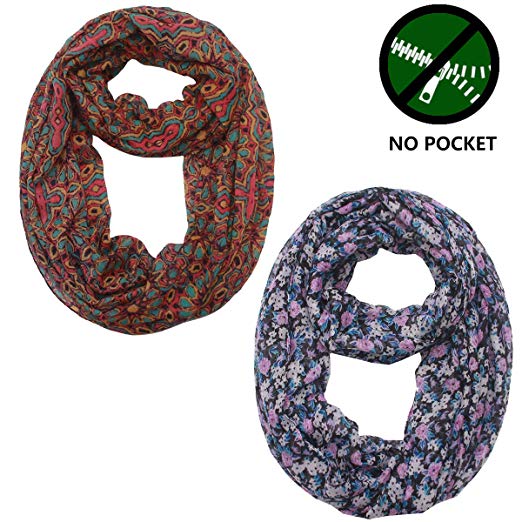 USAstyle Printed Women Infinity Scarf With Zipper Pocket or 2 Circle Scarves, Soft Stretchy Jersey