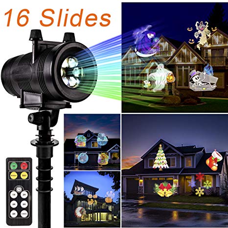 GIGALUMI Halloween Projector Light, Waterproof Bright Led Landscape Lights for Halloween, Xmas, Indoor Outdoor Party, Yard Garden Decoration. (16 Slides)