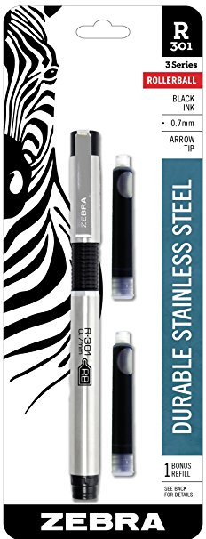 Zebra R-301 Stainless Steel Rollerball Pen with Bonus Refill, Fine Point, 0.7mm, Black Ink, 1-Count