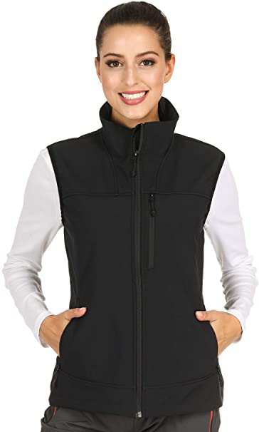 MIER Women's Lightweight Softshell Vest Front-Zip Outdoor Water-Resistant Vest with 7 Pockets, Fleece Lined, Black