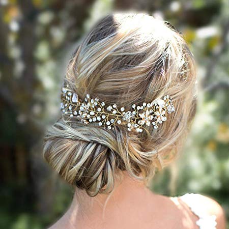 Unicra Silver Wedding Pearl Flower Hair Vine Crystal Headbands Wedding Bridal Hair Accessories for Brides