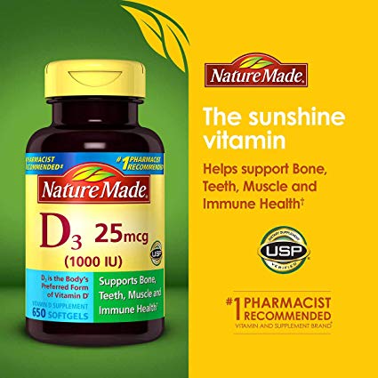 Nature Made Vitamin D3 25 mcg (1000 IU) Softgels Mega Size 650 (Packaging May Vary)