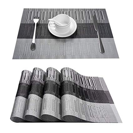 Top Finel Placemats for Dining Table,PVC Table Mats Set of 4,Place Mats Non-Slip Heat Resistant Washable,Grey&Black