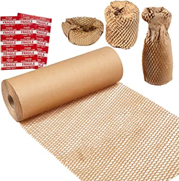 Honeycomb Packing Paper,12" W x 200' L Packing Paper for Moving,Products & Gifts Honeycomb Wrapping Paper,Recyclable and Biodegradable Cushioning Packing Material with 20 Fragile Sticker Labels