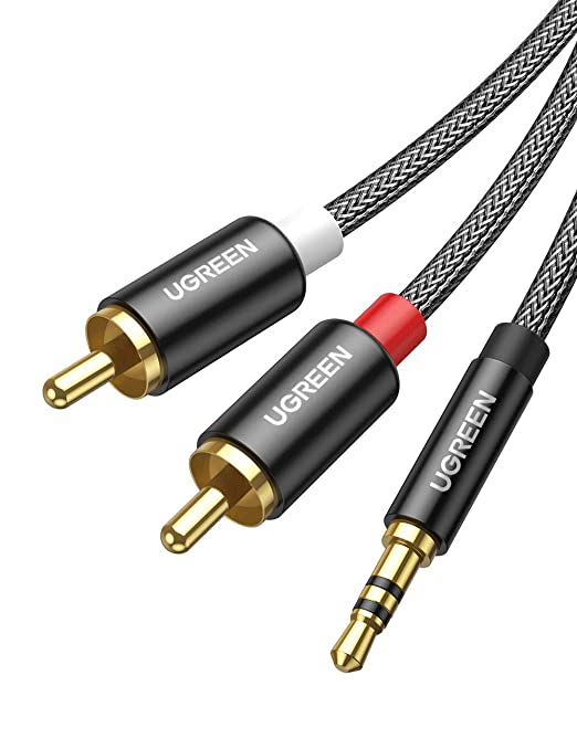 UGREEN Cinch auf Klinke Kabel, 3.5mm Klinke Stecker auf Zwei Cinch Stecker, Aux Chinch Kabel mit Nylon Ummantelung und Winzigem Metallstecker 1m