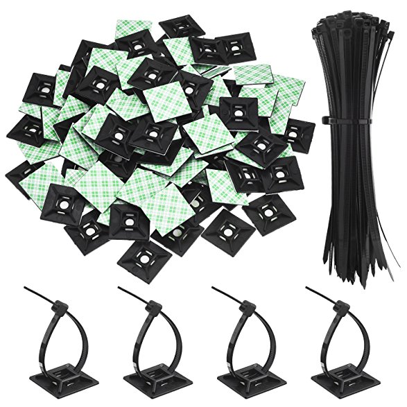 Hicarer 100 Pack Black Zip Tie Adhesive Mounts Self Adhesive Cable Tie Base Holders with Black Multi-Purpose Cable Tie (Length 200 mm, Width 2.8 cm)