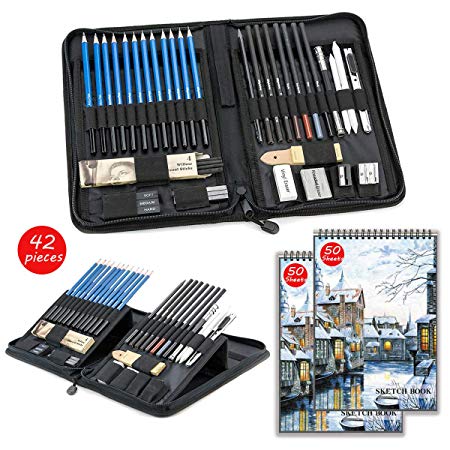 Sketch Set for Drawing with Sketch Book, 40-Piece Professional Sketch Kit and 2 50-Sheet Pads for Kids, Teens and Adults, Complete Artist Kit Includes Pencils, Erasers, Pastels, A Handy Case etc