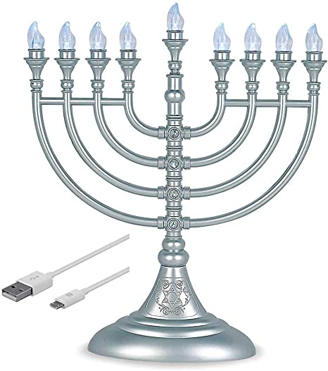 Aviv Judaica Traditional LED Electric Hanukkah Menorah - Battery or USB Powered - Includes a Micro USB 5' Cable