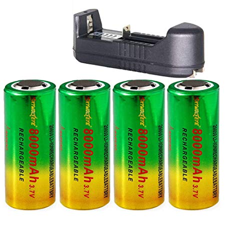 Flashlight Batteries,4PCS 8000mAh 26650 Li-ion Batteries 3.7V Rechargeable Battery Charger