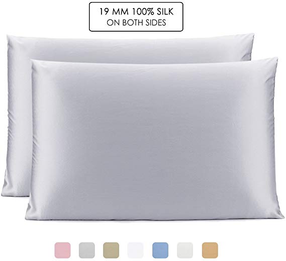 OLESILK 100% Mulbery Silk Pillowcase 2 Pack with Hidden Zipper for Hair and Skin Beauty,Both Sides 19mm Charmeuse - Silvergrey, Queen