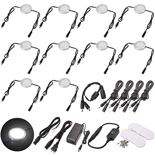 Lvyinyin 10 Packs Under Cabinet Lighting Kitchen LED Puck Wall Lights, Dimmable Linkable Strip Light Kit with Hardwired & Plug in Adapter, Above Under Mounted in Display Closet Wardrobe, Daylight