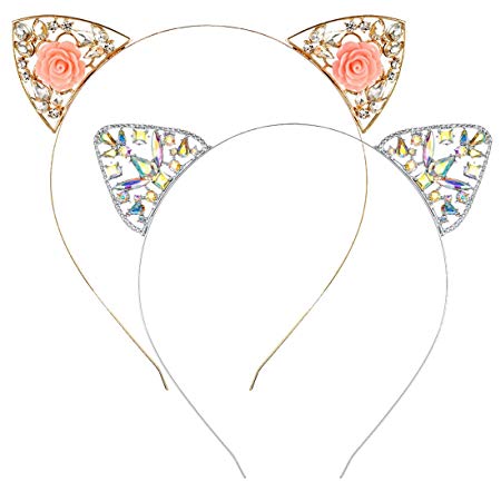 Cat Ears Headband for Women Girls 2 PCS Metallic Flower Rhinestone Hair Hoop Kitten Ears Hairband Costume Party Cosplay