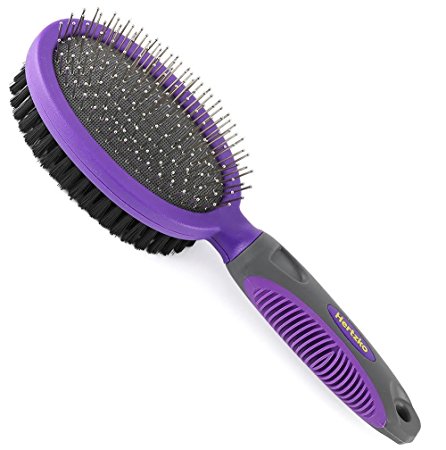 Double Sided Pins and Bristle Brush by Hertzko - For Dogs and Cats with Long or Short Hair - Dense Bristles Remove Loose Hair from Top Coat and Pin Comb Removes Tangles, and Dead Undercoat