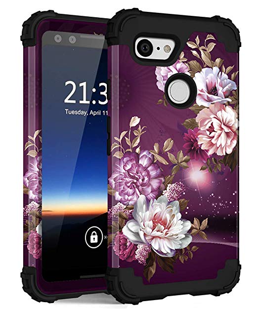 Google Pixel 3 Case, Hocase Shockproof Heavy Duty Protection Hard Plastic Silicone Rubber Case Hybrid Dual Layer Protective Phone Case for Google Pixel 3 2018 w/ 5.5" Display - Burgundy Flowers