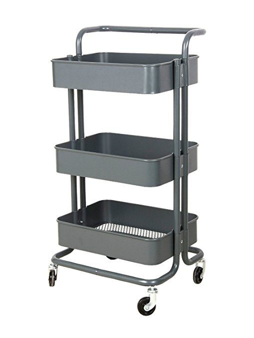3-Tier Metal Mesh Storage Shelf Utility Rolling Cart with Removable Handle and Plug, Indoor or Outdoor Storage Organizer, Dark Gray