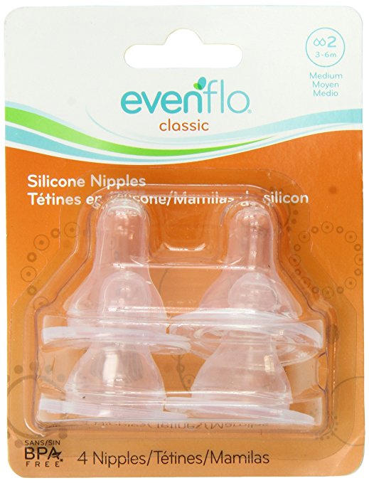 Evenflo 4 Pack Classic Silicone Nipple, Medium Flow (3-6 months)