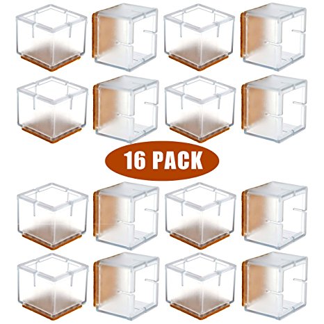 Chair Leg Floor Protectors, WarmHut 16pcs Transparent Clear Silicone Table Furniture Leg Feet Tips Covers Caps, Felt Pads, Anti-slip Prevent Scratches, Wood Floor Protector (Square)