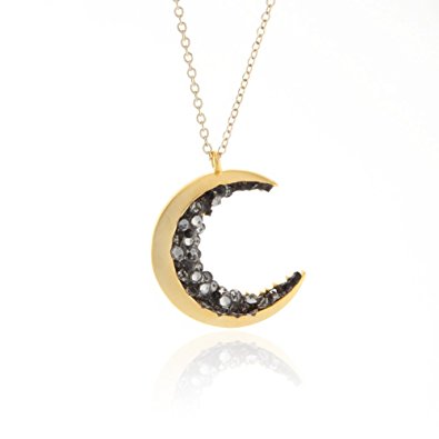 Laonato Crescent Moon and Black Crystal Necklace 25"