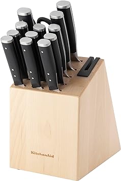 KitchenAid Gourmet Forged Triple Rivet Knife Block Set with Built-in Knife Sharpener, High Carbon Japanese Stainless Steel Kitchen Knives, Sharp Kitchen Knife Set with Block, Birchwood, 14-Piece