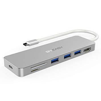 USB C Hub, BYEASY USB C Adapter 3.1 with Type C Charging Port,HDMI Output, SD & Micro SD Card Reader, 3 USB 3.0 Ports for MacBook Pro 2015/2016, Google Chromebook 2016/2017 (Silver)