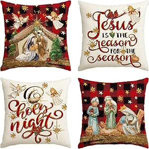 AVOIN colorlife Christmas O Holy Night Jesus Cardinal Buffalo Plaid Throw Pillow Covers, 18 x 18 Inch Christmas Saying Winter Holiday Cushion Case Decoration for Sofa Couch Set of 4