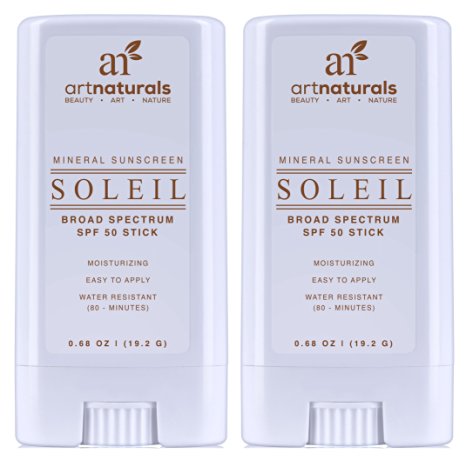 Art Naturals® SPF 50 Sunscreen Stick 0.7 oz - Pack of 2 - Water Resistant 80 Minutes - With the best Natural & Organic Ingredients - For all Skin Types - Gentle enough for Children, Kids & Babies