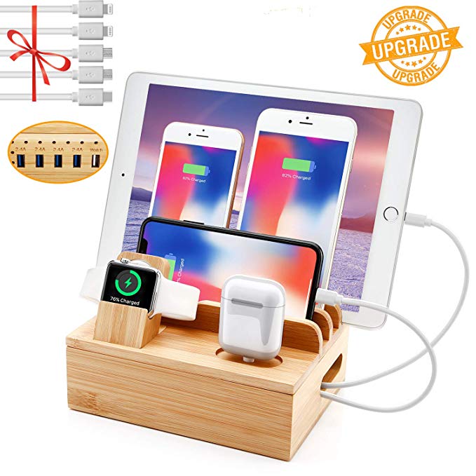 Bamboo Charging Station for Multiple Devices, Sendowtek 6-in-1 USB Charging Station with 5-Port for iOS Android Phone Tablet Electronic, Watch Stand Earbuds Docking Station-5 Mixed Cables Included