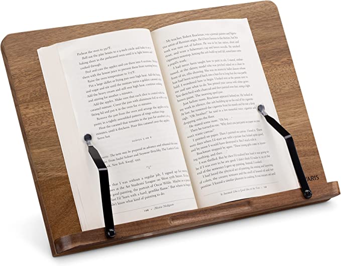 Navaris Wooden Book Stand - Hands-Free Reading Recipe Cookbook Tablet Holder with 2 Adjustable Metal Page Holders with Grips - Acacia Book Easel