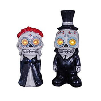 V&M VALERY MADELYN Set of 2 Day of The Dead Bride and Groom for Halloween Decorations, Skull Figurines with Solar Lights for Outdoor Decor (8" and 10")