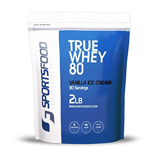 Sports Food True Whey 80 - 100% Pure Protein Concentrate (Vanilla Ice Cream, 2 lbs) Low Carb & Sugar Free, Clean Performance & Weight Loss Protein Powder, Only 5 Ideal Ingredients