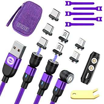 EndlesShine Magnetic Fast Charging Cable(3Pack3.3/6.6/6.6FT&Cable Bag),Phone Charger Cable 3 in 1 Compatible with Micro USB、Type C 3A Fast Charging Data Sync USB Data Cable(Purple)