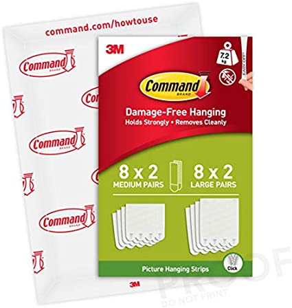 Command Medium and Large Picture Hanging Strips, 8 x Medium Pairs and 8 x Large Pairs, White